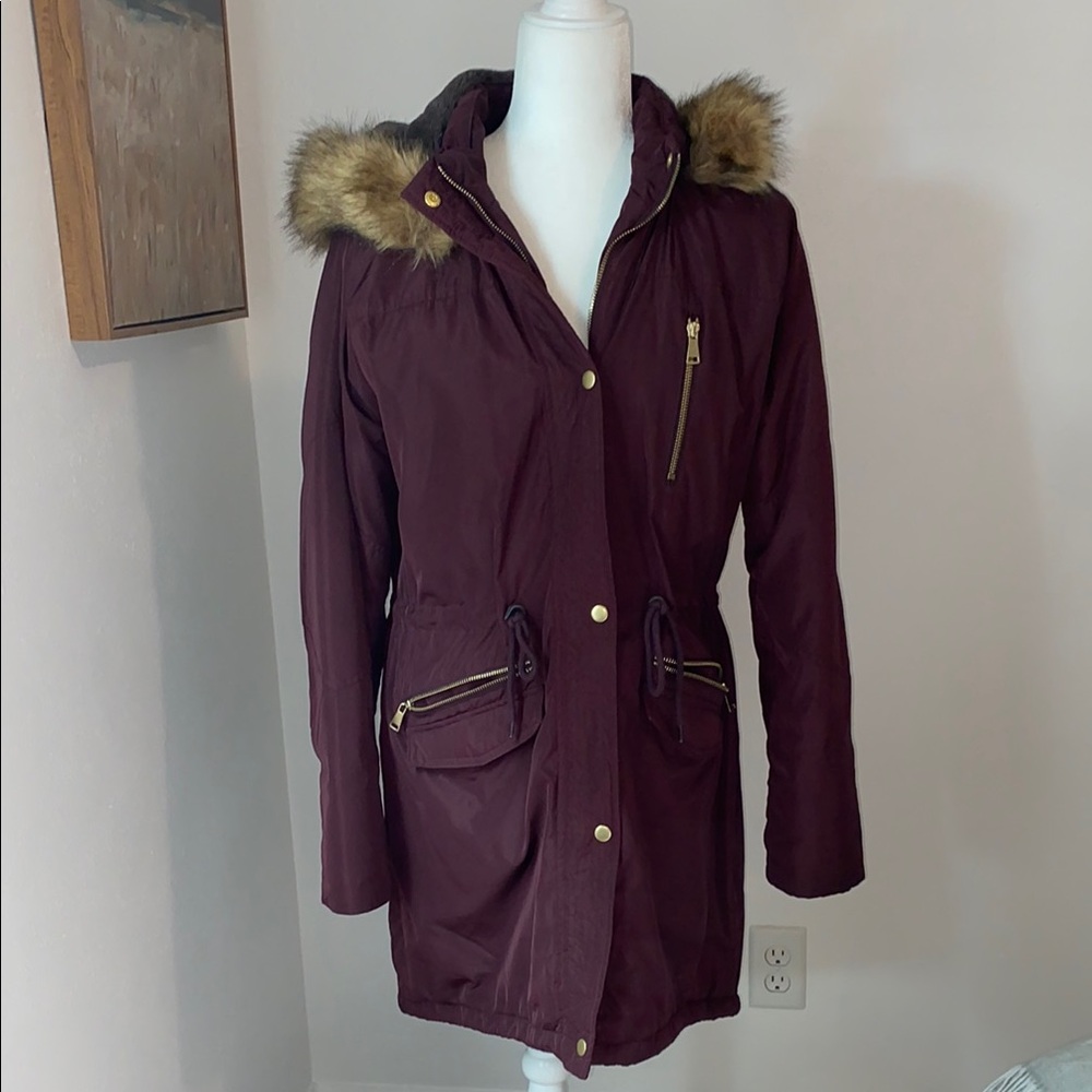 Women's Faux-Fur Hooded Parka Jacket - Burgundy